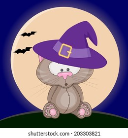Cat in hat on the background of the moon