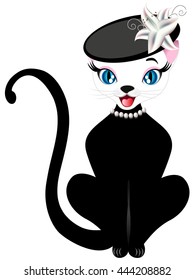 Cat in the hat and pearl necklace.