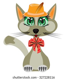 Cat in hat and with red bow on neck