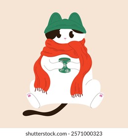 Cat in a hat and scarf holds a mug with a winter pattern in flat style. Perfect for postcard, winter and autumn cozy design. Isolated illustration.