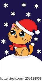 Cat in a hat and scarf sits on the snow surrounded by snowflakes - vector full-color picture from copy space. Kitten with big eyes, domestic animal in winter, vertical flyer for winter holidays