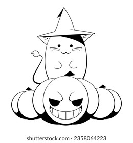 a cat in a hat sits on pumpkins and looks cute, contour drawing