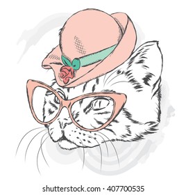 Cat in a hat and sunglasses. Vector illustration.