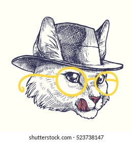 Cat in the hat. Vector hand drawn vintage illustration portrait of gangster cat