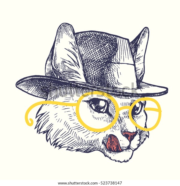 帽子の中の猫 ベクター手描きのビンテージイラスト ギャングスター猫のポートレート のベクター画像素材 ロイヤリティフリー