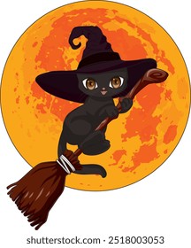 cat with hat in witch broom 