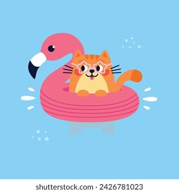 Cat have a rest in sea or ocean. Happy cat character on Flamingo Swimming Circle in water. Summer vacation time. Vector Hand drawn cartoon flat illustration.