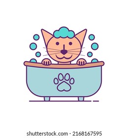 The cat having bath. The cat is washing in the bathtub. Outline and line style. Isolated colored vector illustration on white background.