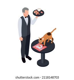 Cat Having Meal At Pet Restaurant And Waiter Holding Tray With Sushi 3d Isometric Icon Vector Illustration