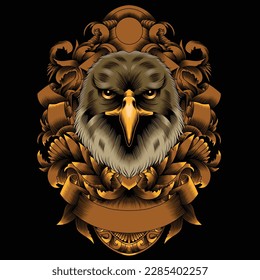 cat hawk illustration with baroque ornament