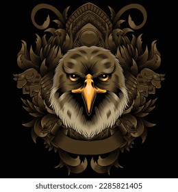 cat hawk illustration with baroque ornament