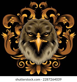 cat hawk illustration with baroque ornament