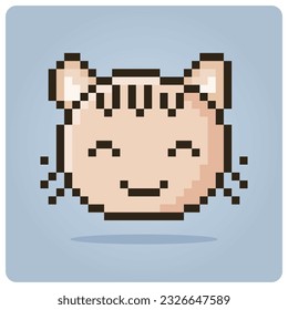 cat head in 8 bit pixel art. Animal portrait for game assets in vector illustration.