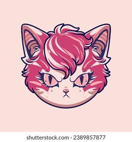 Cat head. Angry and dissatisfied kitten in comic style. Vector illustration.