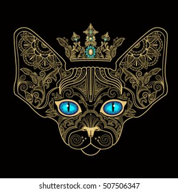 Cat. Head of a beautiful cat sphinx with floral ornament and crown on a black background. Vector illustration. Printing on T-shirt.