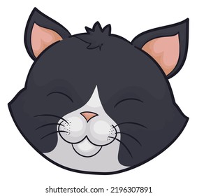 Cat head of black and white fur, happy gesture and closed eyes, in cartoon style and bold outline.