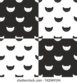 cat head black white seamless vector pattern