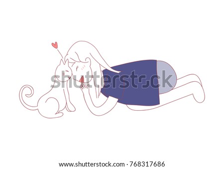 Cat Head Butt with Girl. I trust you and Claming Ownership of their Human. in Cat Language. Vector Illustration. isolated on white background.