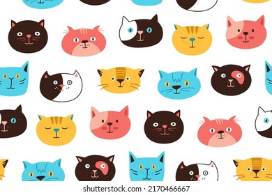 Cat Head Cartoon Boundless Texture. Cute Kitten Kawaii Faces Endless Design Scrapbook. Funny Cats Childish Baby Doodle Repeat Ornament. Background Print Template Wallpaper, Packaging, Textile