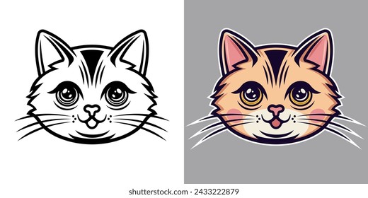 Cat head cartoon character vector illustration in two syles, black on white and colored style on grey background. Hand drawn. Not AI generated
