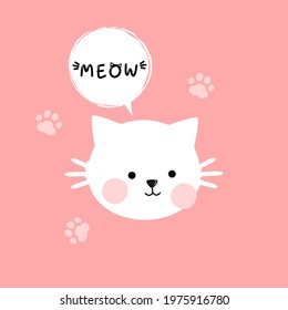 Cat head cartoon, paw prints and hand written font on pink background vector illustration.