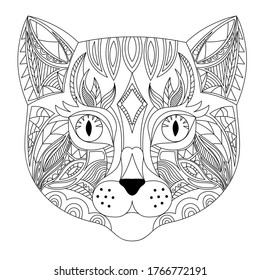  Cat head coloring book illustration. Antistress coloring for adults. black and white lines. Print for t-shirts and coloring books.