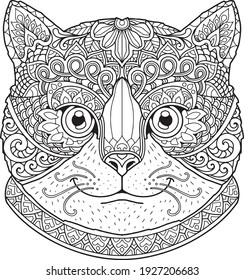 cat head coloring page mandala design. print design. t-shirt design.