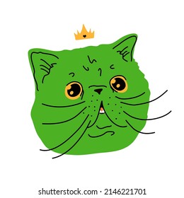 Cat head with crown cartoon style vector. Persian exotic cat.The concept of pets, print on clothes, packaging.Vector illustration.
