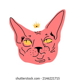 Cabeza de gato con vectores de dibujos animados de la corona. Gato esfinge. El concepto de mascotas, imprimir en ropa, empaquetar.