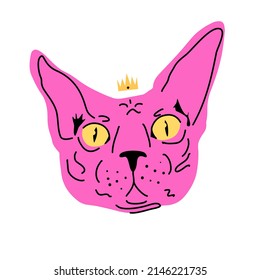 Cabeza de gato con vectores de dibujos animados de la corona. Gato esfinge. El concepto de mascotas, imprimir en ropa, empaquetar.