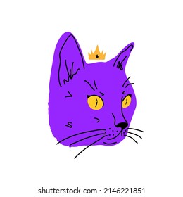 Cat head with crown cartoon style vector.Domestic cat. The concept of pets, print on clothes, packaging.Vector illustration.