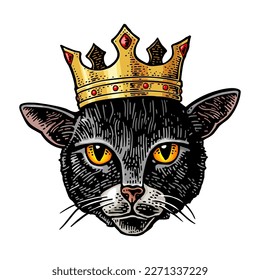 Cat head with crown. Vintage vector color engraving illustration for poster. Isolated on white background. Hand drawn design element for label and poster