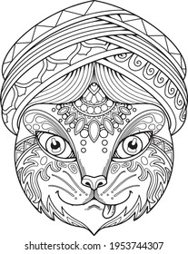 cat head decorative mandala design. coloring page, tattoo design, print design