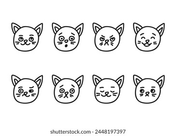 Cabeza de gato diferentes expresiones faciales, línea doodle juego de caracteres. Emoción dibujada a mano en el bozal de la cara del gato. Feliz, enojado, triste y otro sentimiento. Ilustración vectorial