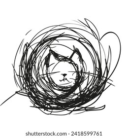 Cat head with ears in a circle, abstract expressionism, black ink drawing, emotional grunge scribble pet animal