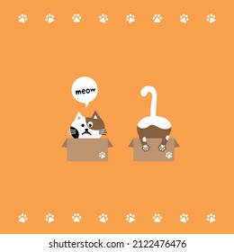 Cat head emoji vector. Vector illustration of the front and back of a brown cat sitting in a cardboard box on a yellow background.