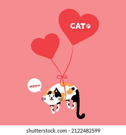 Cat Head Emoji Vector. Vector Illustration Of Pet Orange Cat Tied With Heart Balloons On Pink Background.