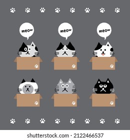 Cat head emoji vector. Line illustration of various black cats sitting in cardboard boxes for adoption on grey background.
