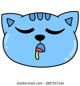 cat head emoticon sleeping soundly and drooling, doodle icon image. cartoon caharacter cute doodle draw