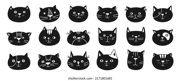 Cat head emotion character scrapbook set. Cute kitten kawaii glyph faces stamp print. Smiling cats funny childish baby doodle flat sticker. Isolated clipart print template for card, poster, cover