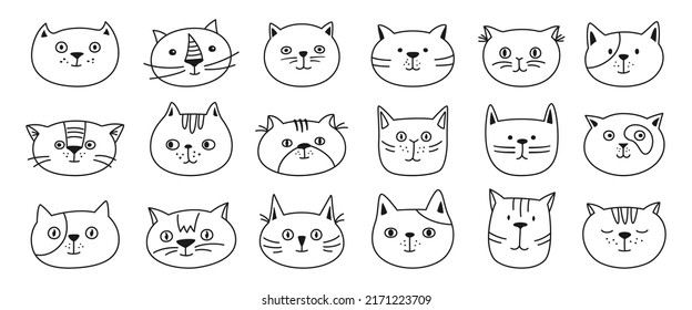 Cat Head Emotion Sketch Character Set. Cute Smiling Kitten Kawaii Outline Faces Symbol. Cats Funny Childish Baby Doodle Flat Sticker. Isolated Scrapbook Clipart Print Template For Card, Poster, Cover