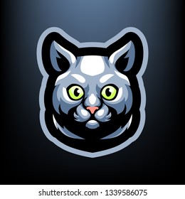Cat head for esport and sport mascot logo isolated on dark Blue Background