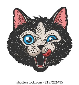 Cat head face color blue eyes sketch engraving vector illustration. T-shirt apparel print design. Scratch board imitation. Black and white hand drawn image.