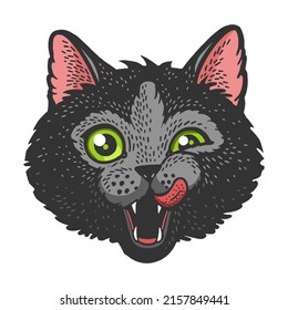 Cat head face color green eyes sketch engraving vector illustration. T-shirt apparel print design. Scratch board imitation. Black and white hand drawn image.