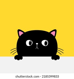 Cat head face hanging on paper board template. Black funny kitten body with paw print. Cute cartoon character set. Kawaii animal. Baby card. Pet collection. Flat design. Yellow background. Vector