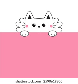 Cat head face icon. Hands paw holding table paper banner. Cute cartoon kitty character. Contour silhouette. Kawaii animal. Funny baby kitten. Love card. Flat design. Pink background Isolated. Vector