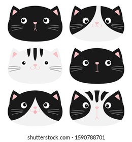 Cat head face icon set. Black and white color. Funny Kawaii smiling baby animal. Different emotion. Cute cartoon funny character. Pet collection. Flat design. Kids background. Isolated. Vector