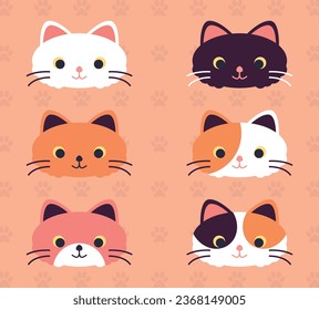 Cat head face icon set. Cats head vector. Vector cute cat faces. International Cat Day. 