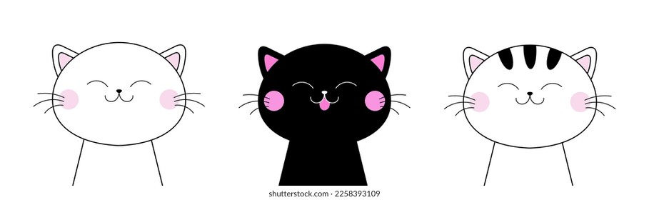 Cat head face line contour silhouette icon set. White black pet. Cute cartoon funny character. Funny kawaii smiling sad doodle animal. Different emotions. Flat design Baby background. Vector