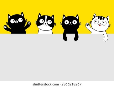 Cat head face line contour icon set. White black doodle kitten. Funny kawaii smiling sad pet animal. Cute cartoon funny character. Paw print. Different emotions. Flat design. Yellow background. Vector
